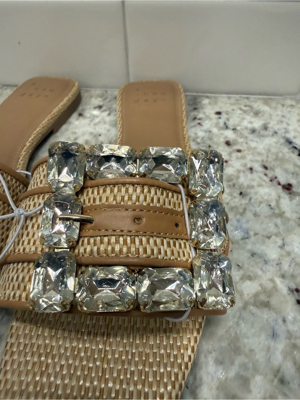 a new day Kelsey Tan Straw Look Slide Sandals with Crystal Buckles Size 7 - NIB - Picture 6 of 13